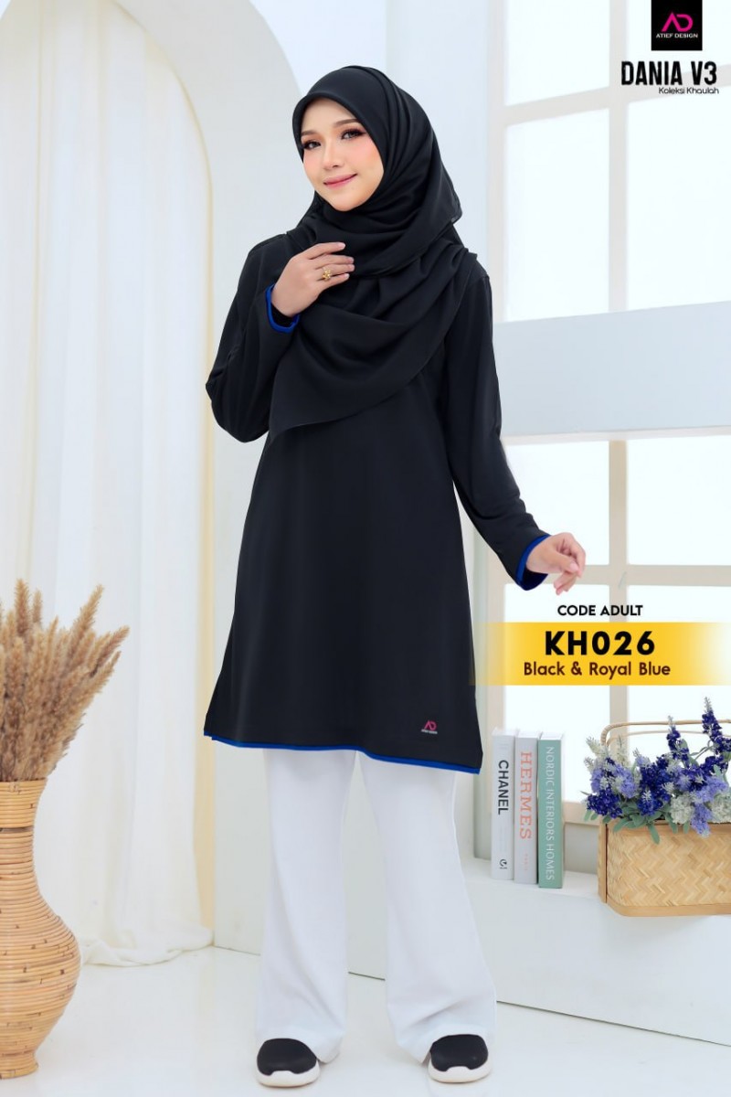 DANIA V2 JERSEY MUSLIMAH DEWASA - KH026 BLACK & ROYAL BLUE