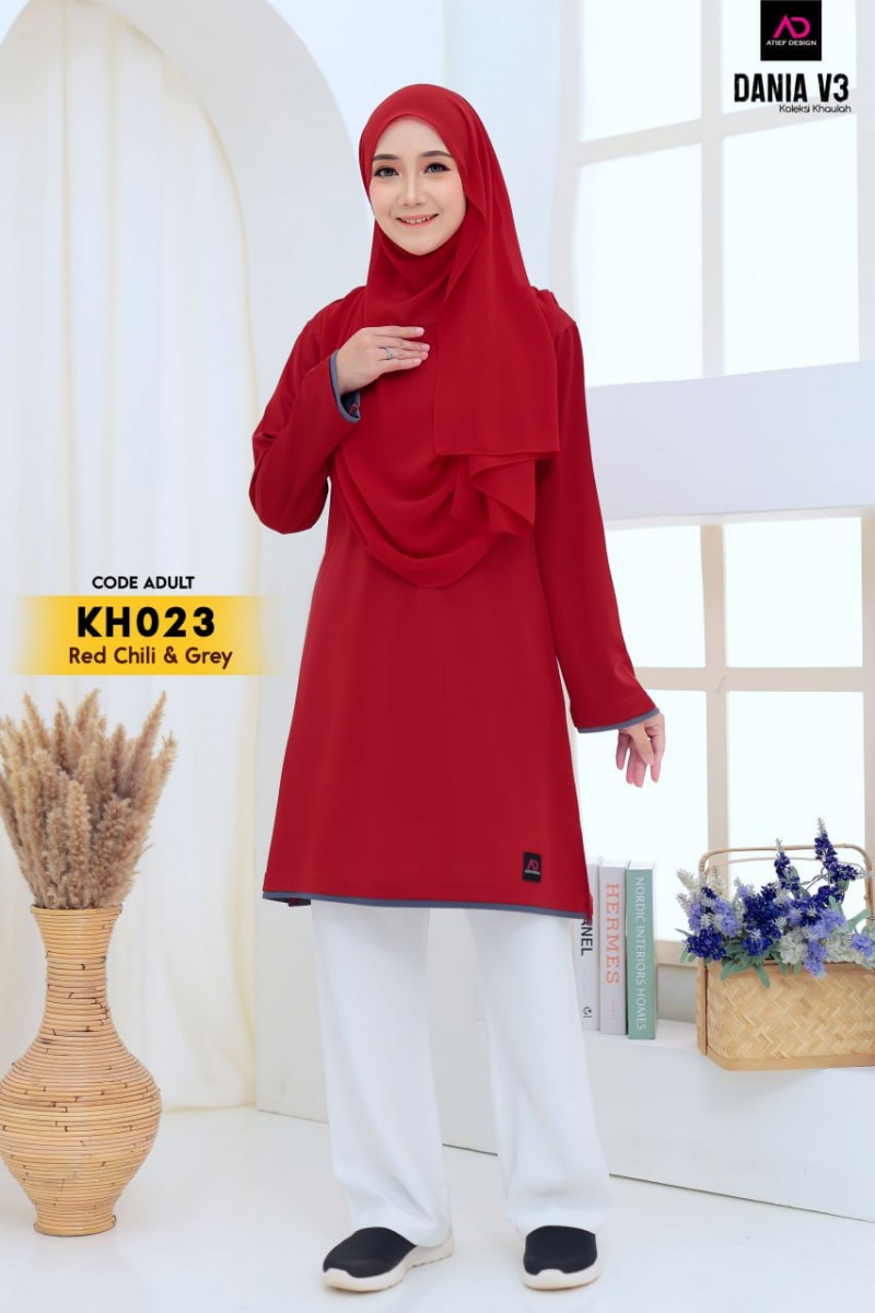 DANIA V2 JERSEY MUSLIMAH DEWASA - KH023 RED CHILLI & GREY