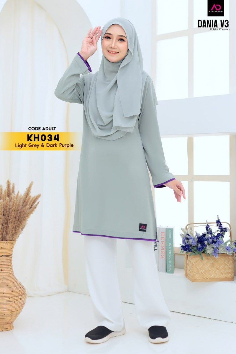 DANIA V2 JERSEY MUSLIMAH DEWASA - KH034 LIGHT GREY & DARK PURPLE